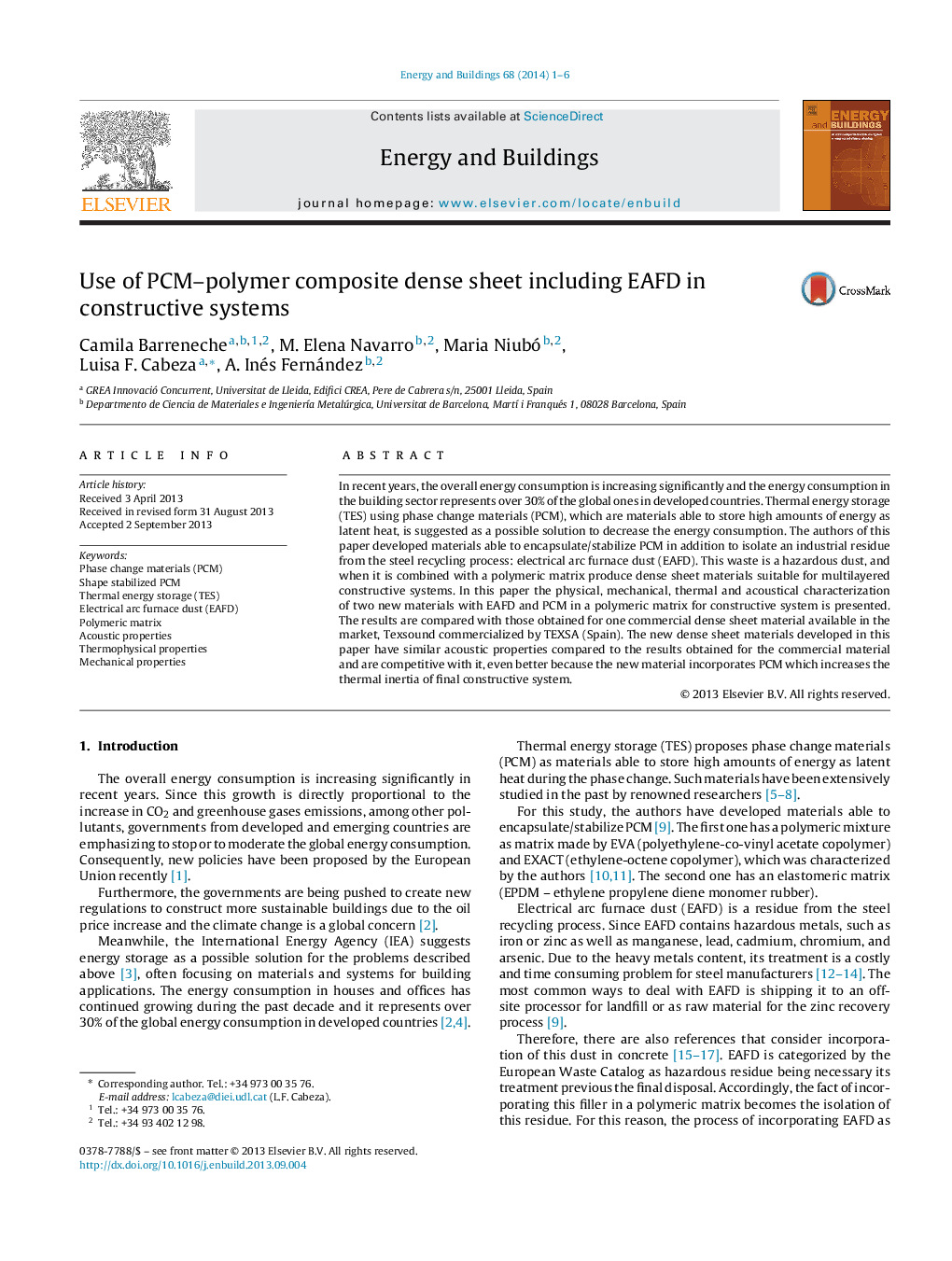 Use of PCM-polymer composite dense sheet including EAFD in constructive systems