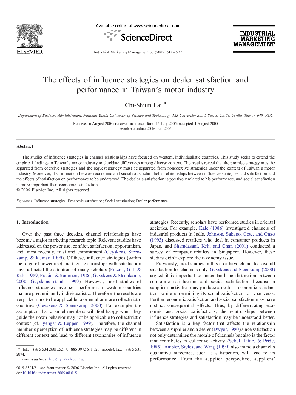 The effects of influence strategies on dealer satisfaction and performance in Taiwan's motor industry