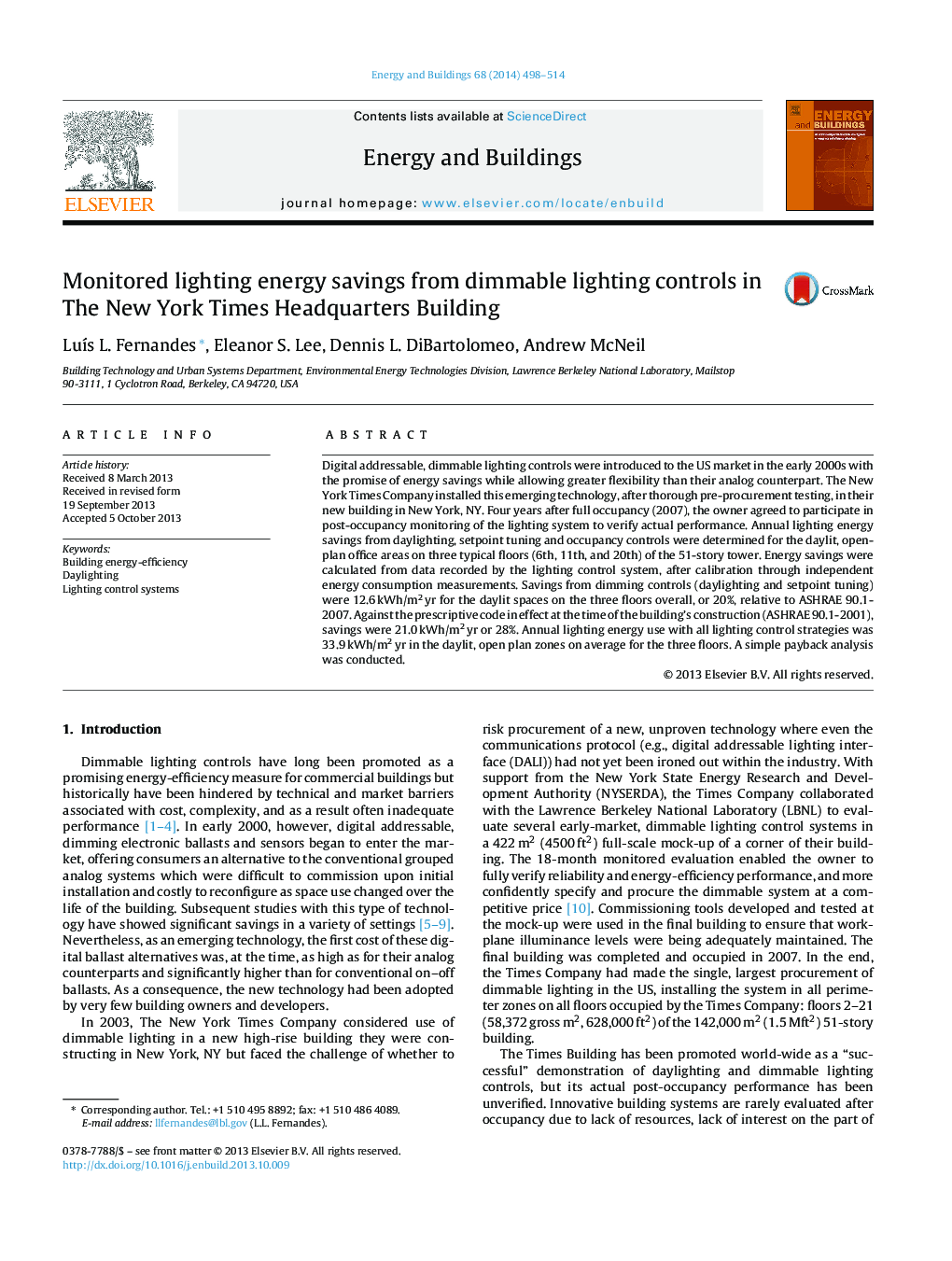 Monitored lighting energy savings from dimmable lighting controls in The New York Times Headquarters Building