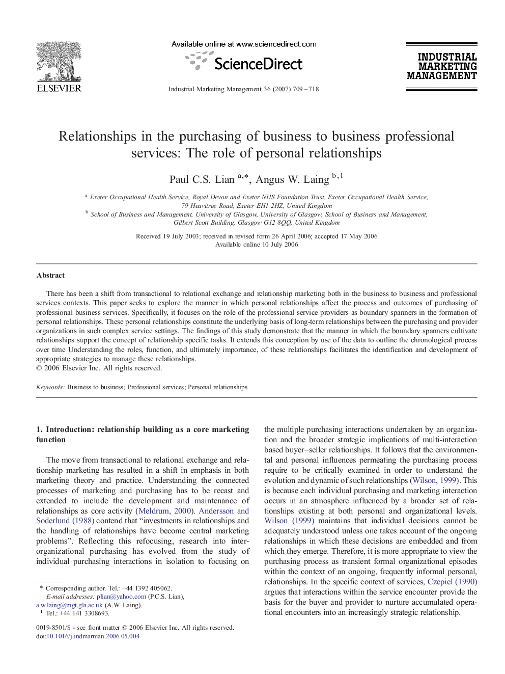 Relationships in the purchasing of business to business professional services: The role of personal relationships