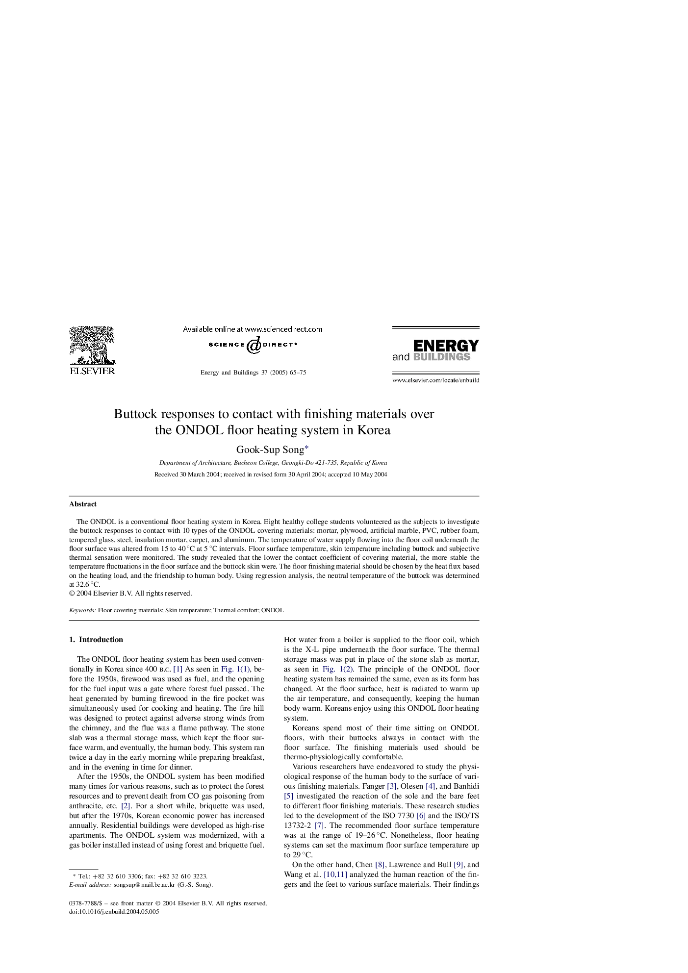 Buttock responses to contact with finishing materials over the ONDOL floor heating system in Korea