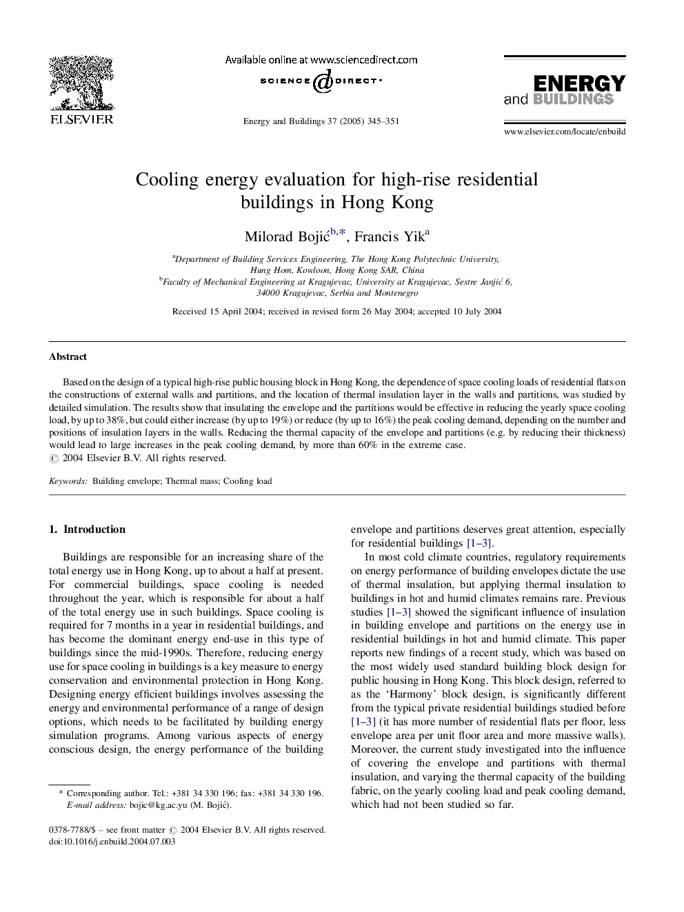 Cooling energy evaluation for high-rise residential buildings in Hong Kong