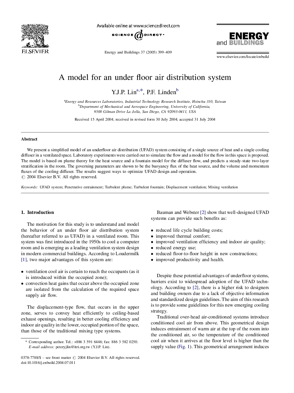 A model for an under floor air distribution system