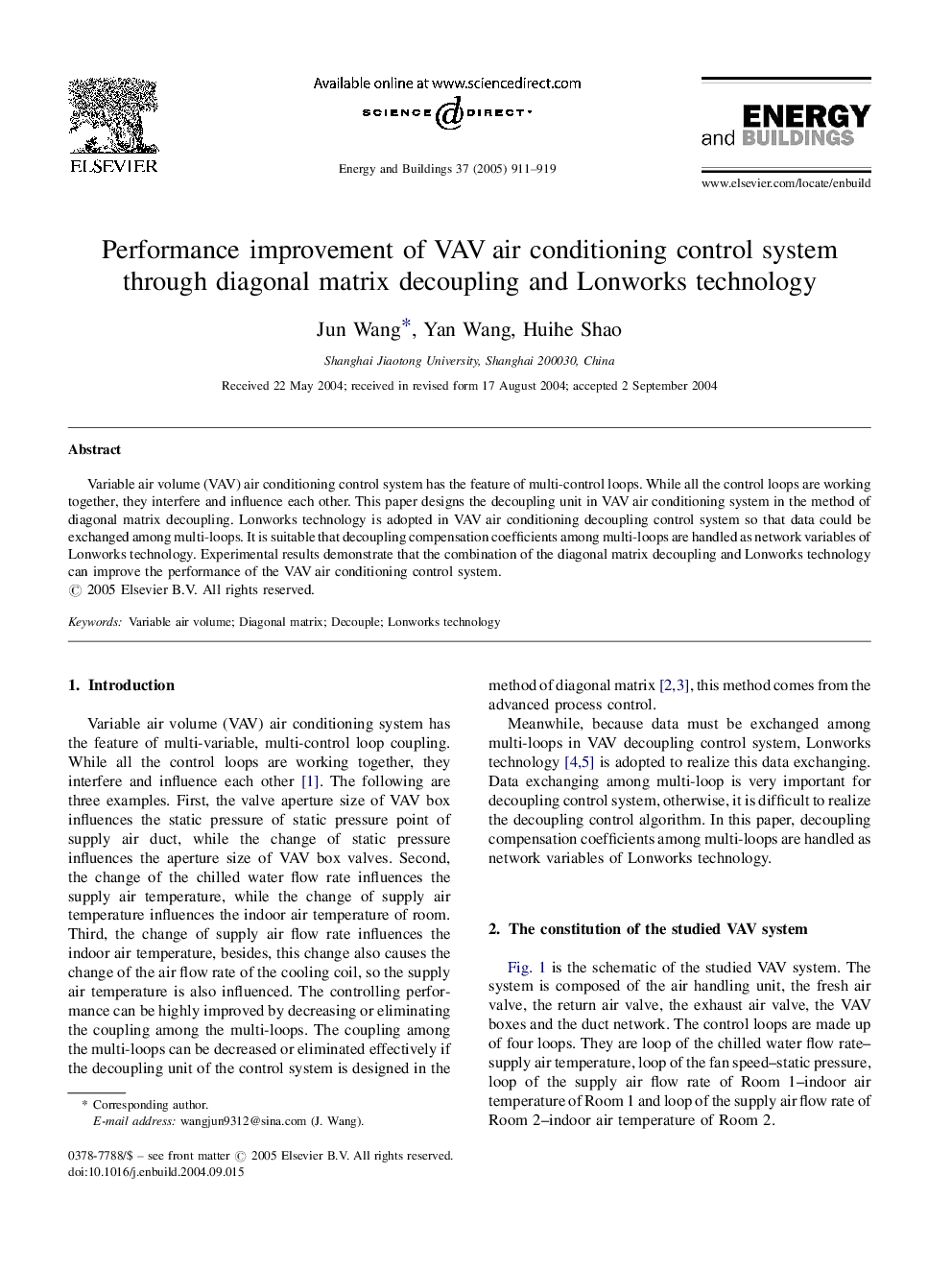 Performance improvement of VAV air conditioning control system through diagonal matrix decoupling and Lonworks technology