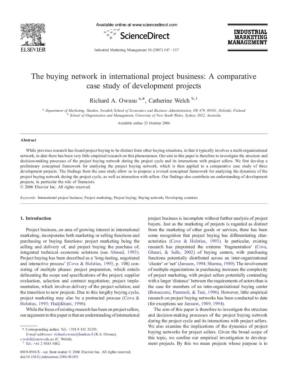 The buying network in international project business: A comparative case study of development projects