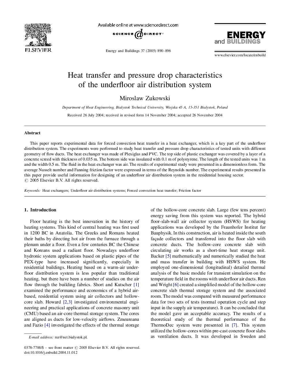 Heat transfer and pressure drop characteristics of the underfloor air distribution system