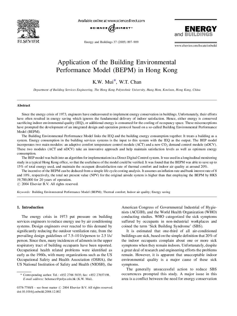 عکس صفحه اول مقاله: Application of the Building Environmental Performance Model (BEPM) in Hong Kong Application of the Building Environmental Performance Model (BEPM) in Hong Kong