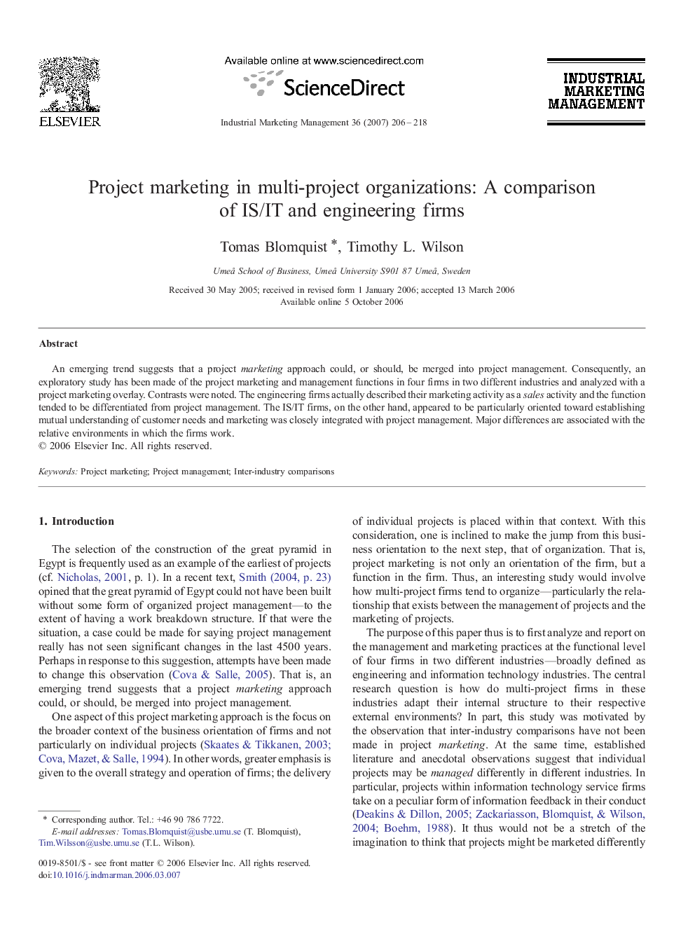 Project marketing in multi-project organizations: A comparison of IS/IT and engineering firms