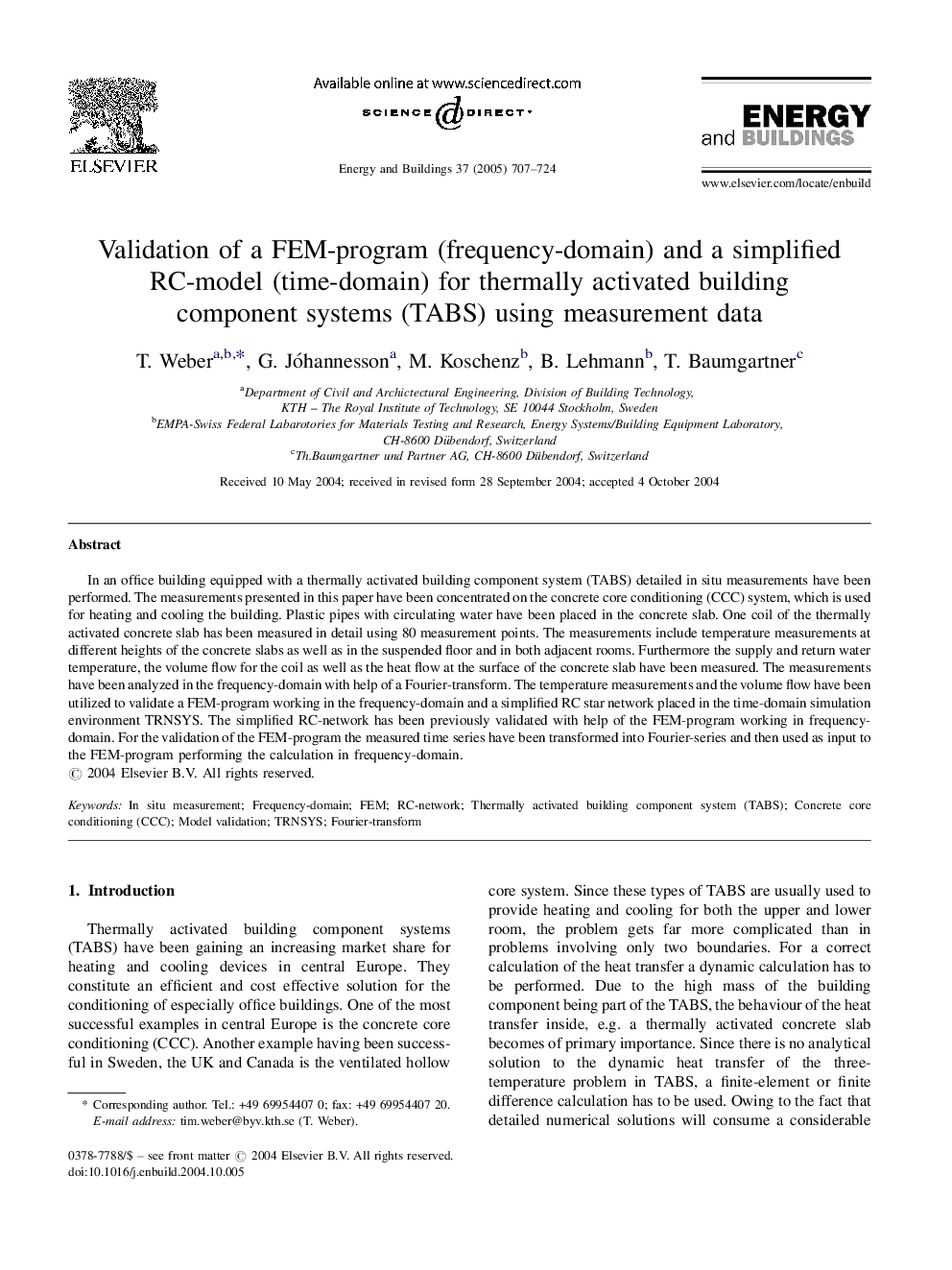 Validation of a FEM-program (frequency-domain) and a simplified RC-model (time-domain) for thermally activated building component systems (TABS) using measurement data