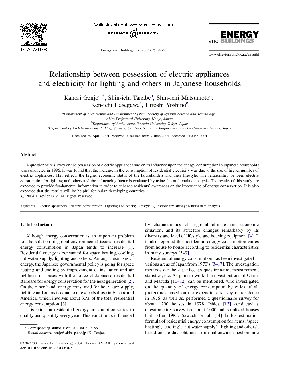 Relationship between possession of electric appliances and electricity for lighting and others in Japanese households