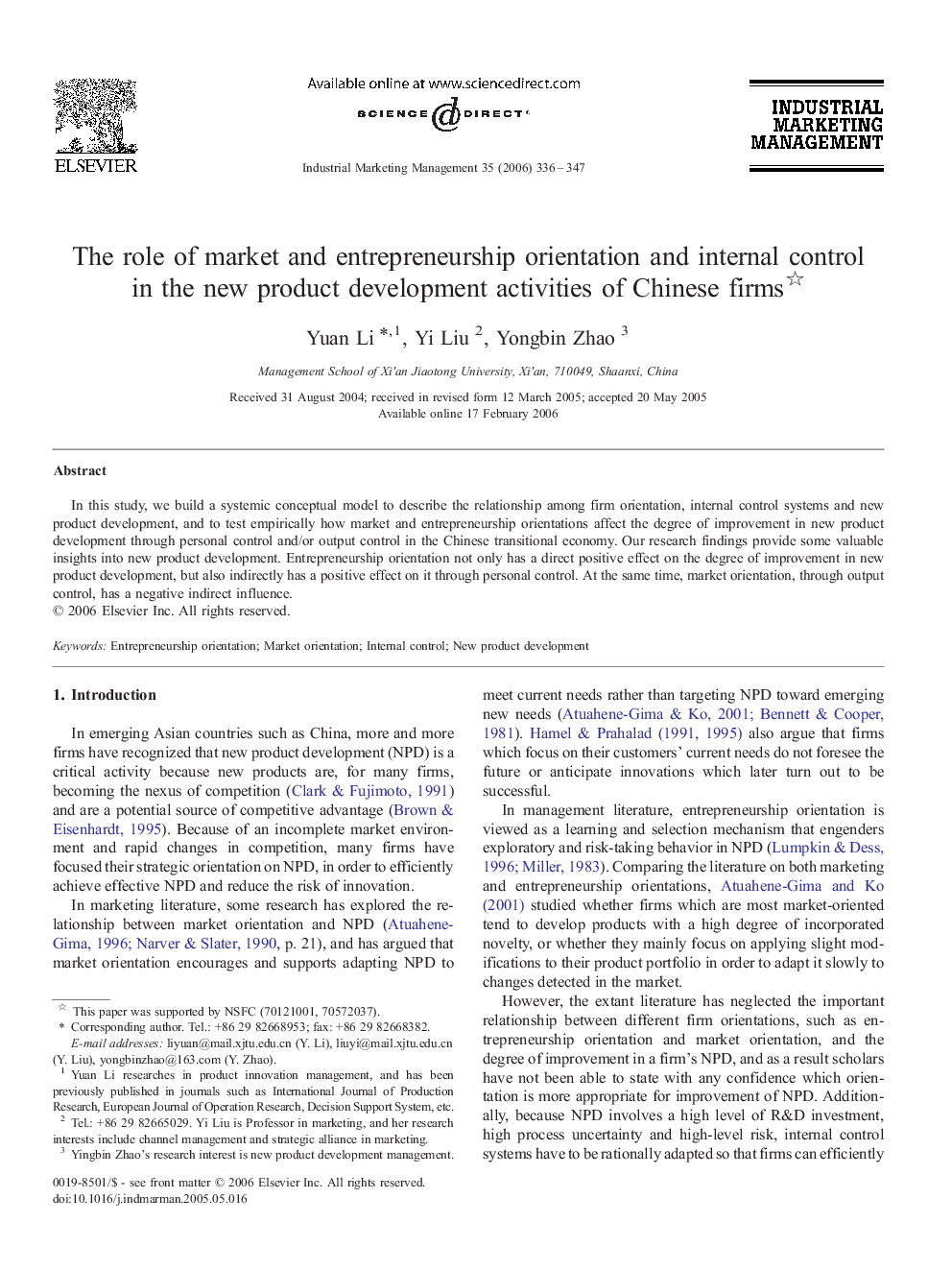 The role of market and entrepreneurship orientation and internal control in the new product development activities of Chinese firms 