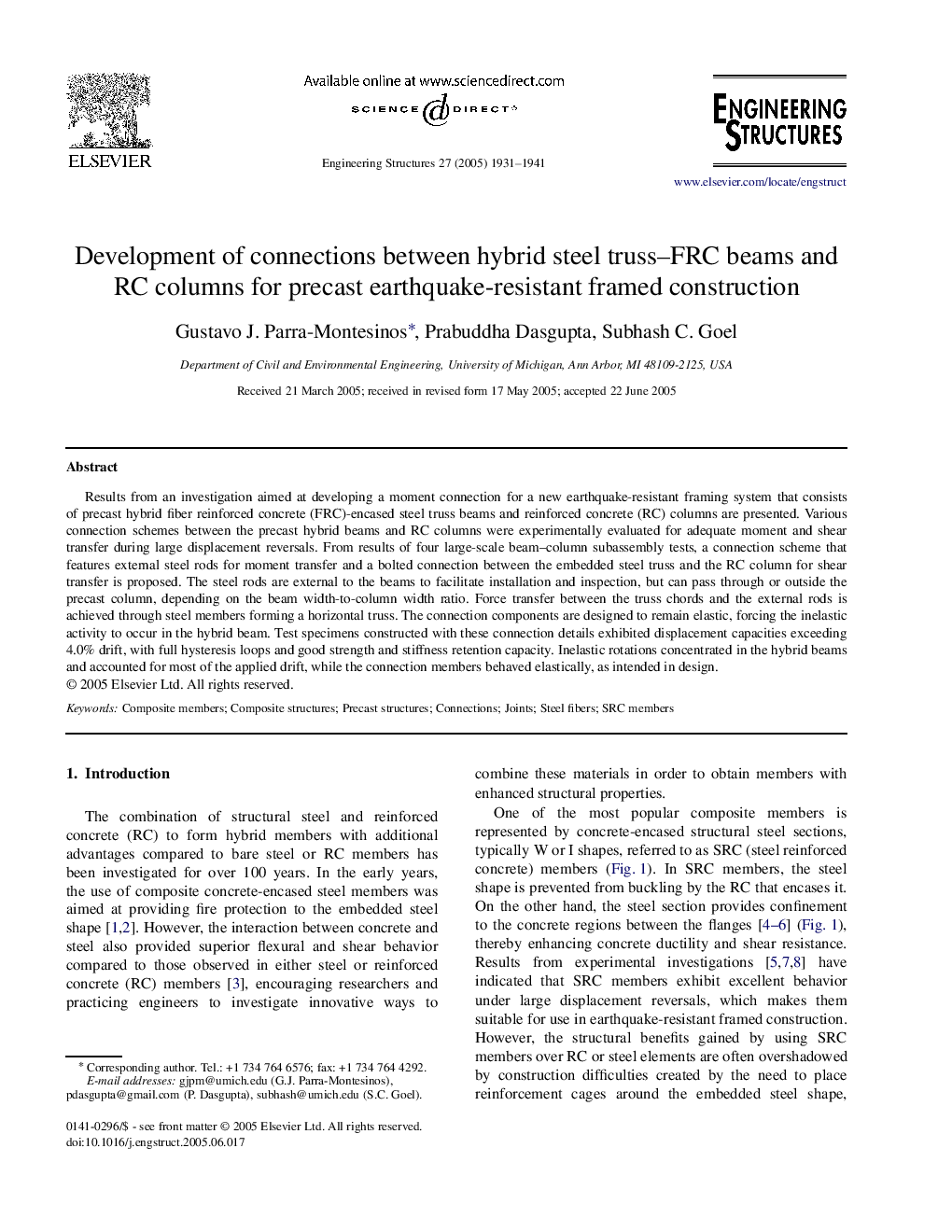 Development of connections between hybrid steel truss-FRC beams and RC columns for precast earthquake-resistant framed construction