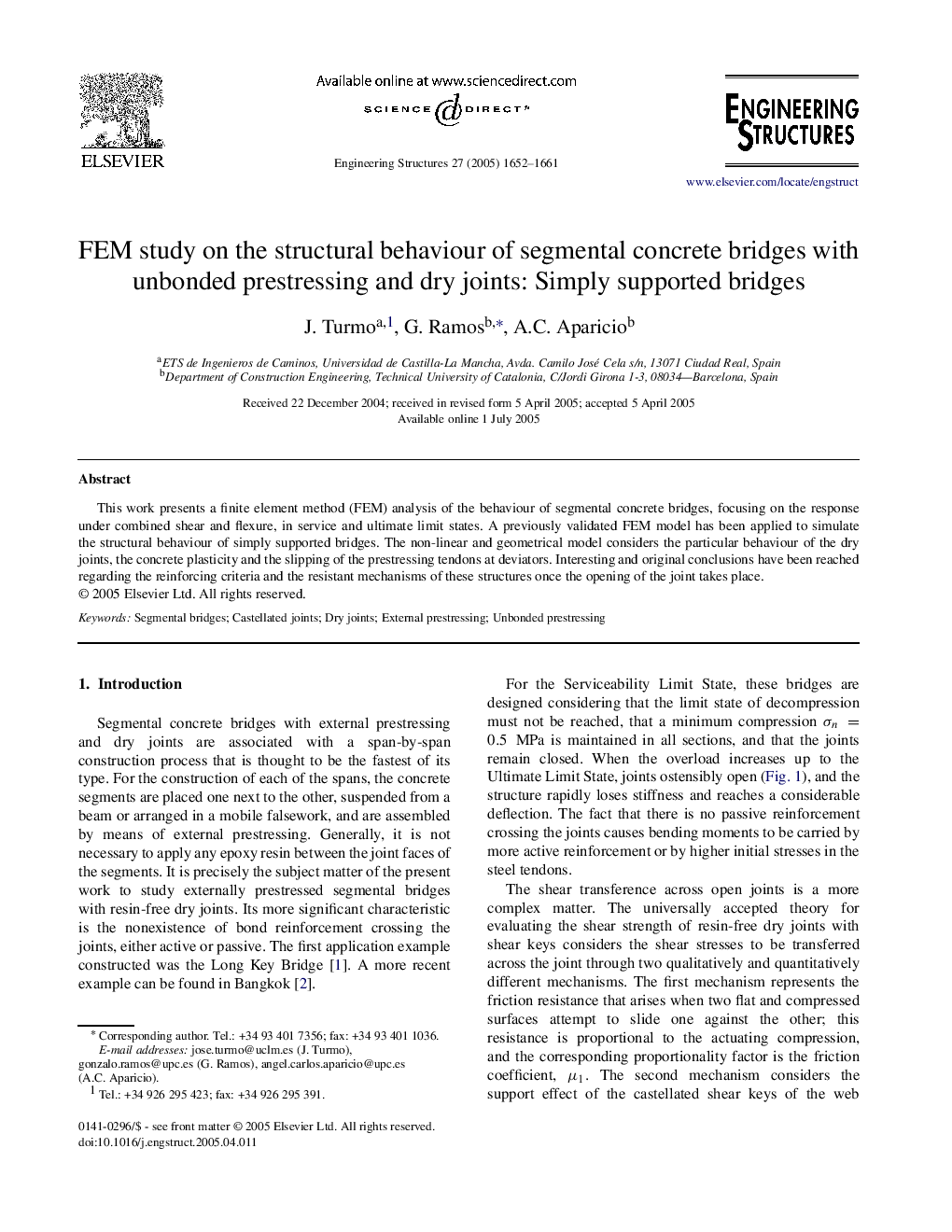 FEM study on the structural behaviour of segmental concrete bridges with unbonded prestressing and dry joints: Simply supported bridges