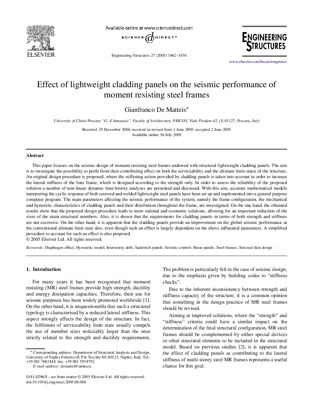 Effect of lightweight cladding panels on the seismic performance of moment resisting steel frames