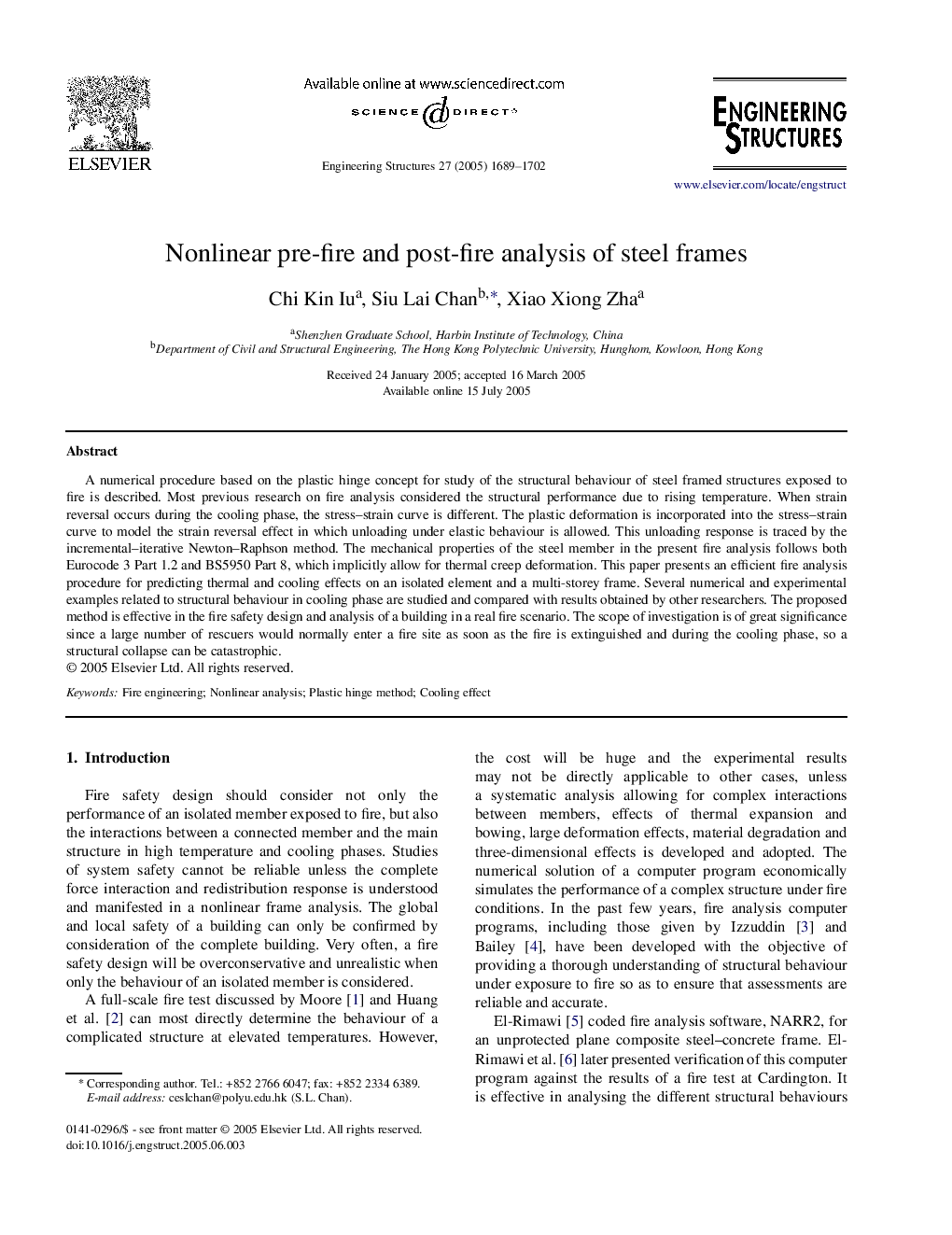 Nonlinear pre-fire and post-fire analysis of steel frames