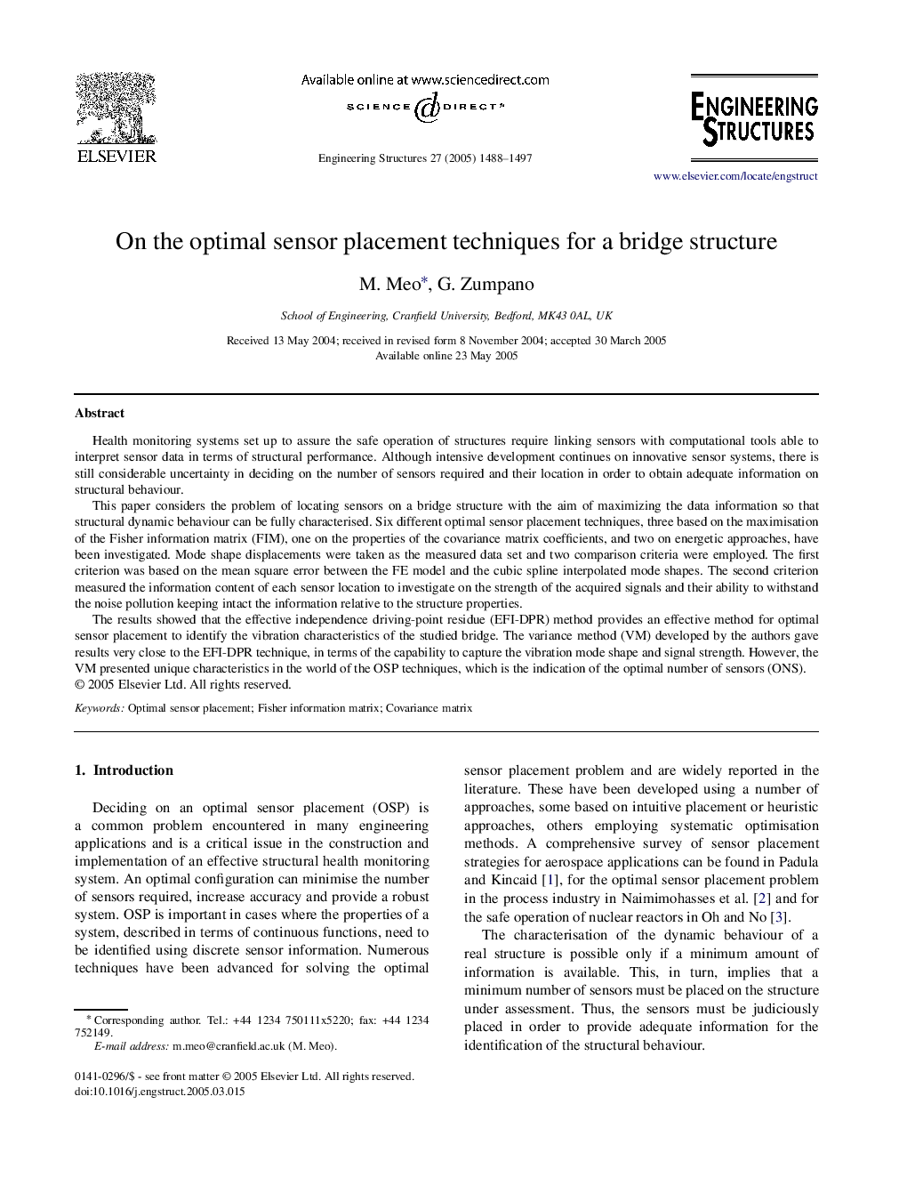 On the optimal sensor placement techniques for a bridge structure