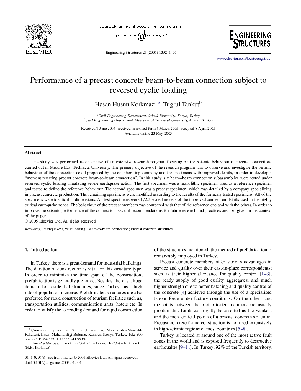 Performance of a precast concrete beam-to-beam connection subject to reversed cyclic loading