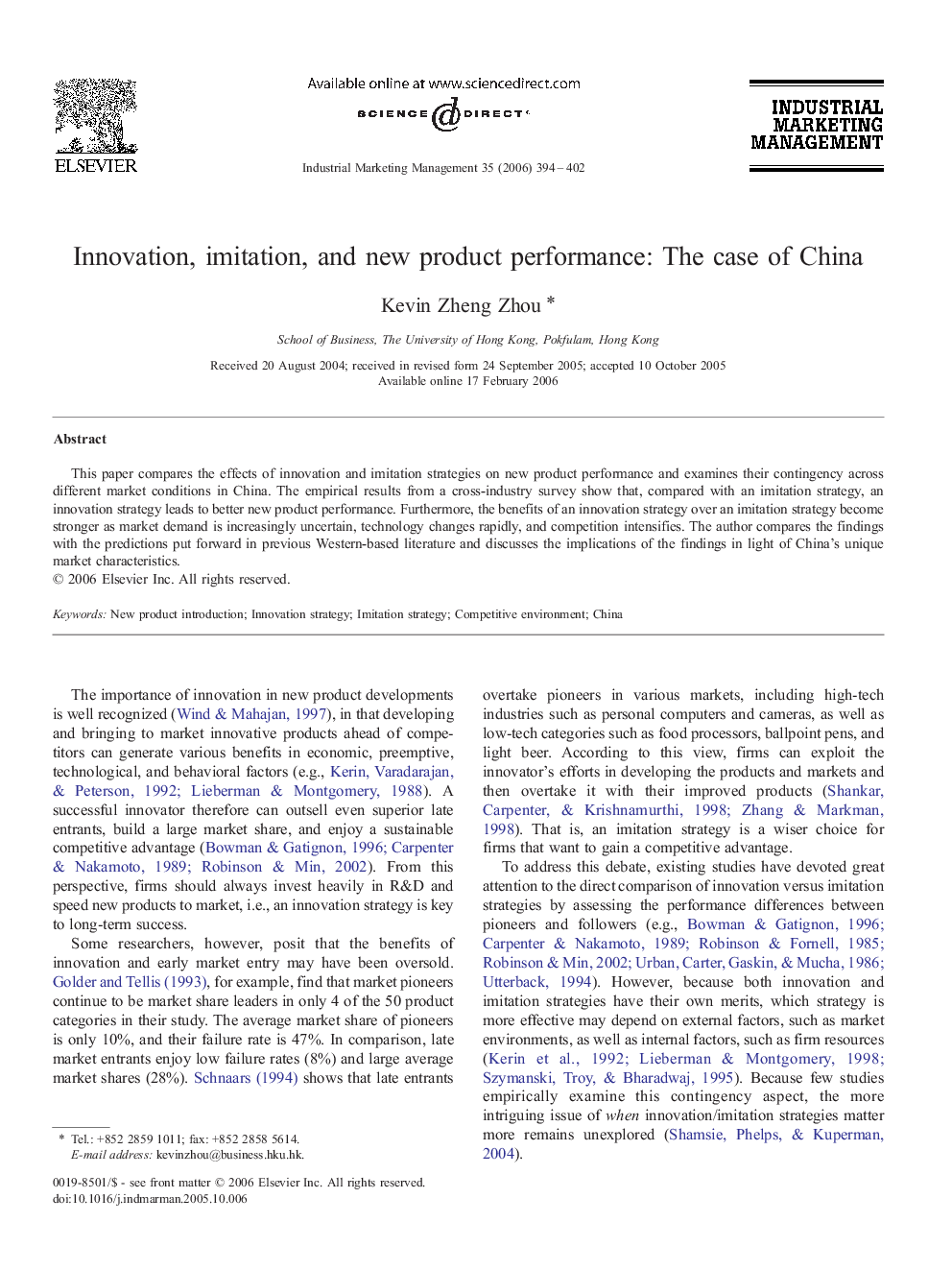 Innovation, imitation, and new product performance: The case of China