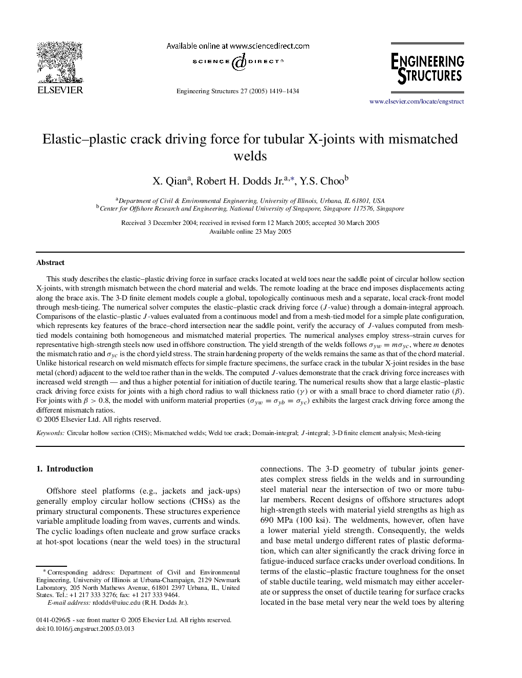 Elastic-plastic crack driving force for tubular X-joints with mismatched welds