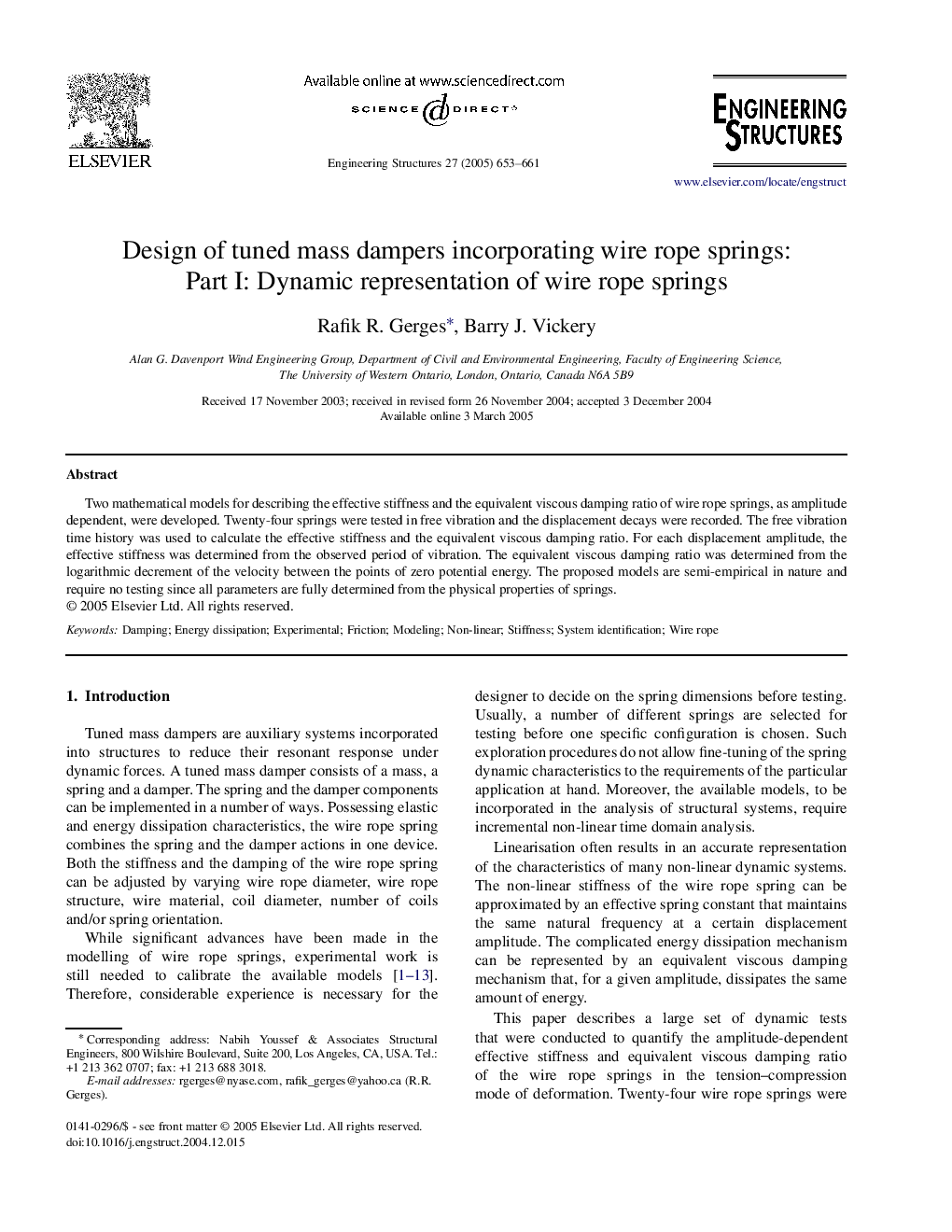 Design of tuned mass dampers incorporating wire rope springs: Part I: Dynamic representation of wire rope springs