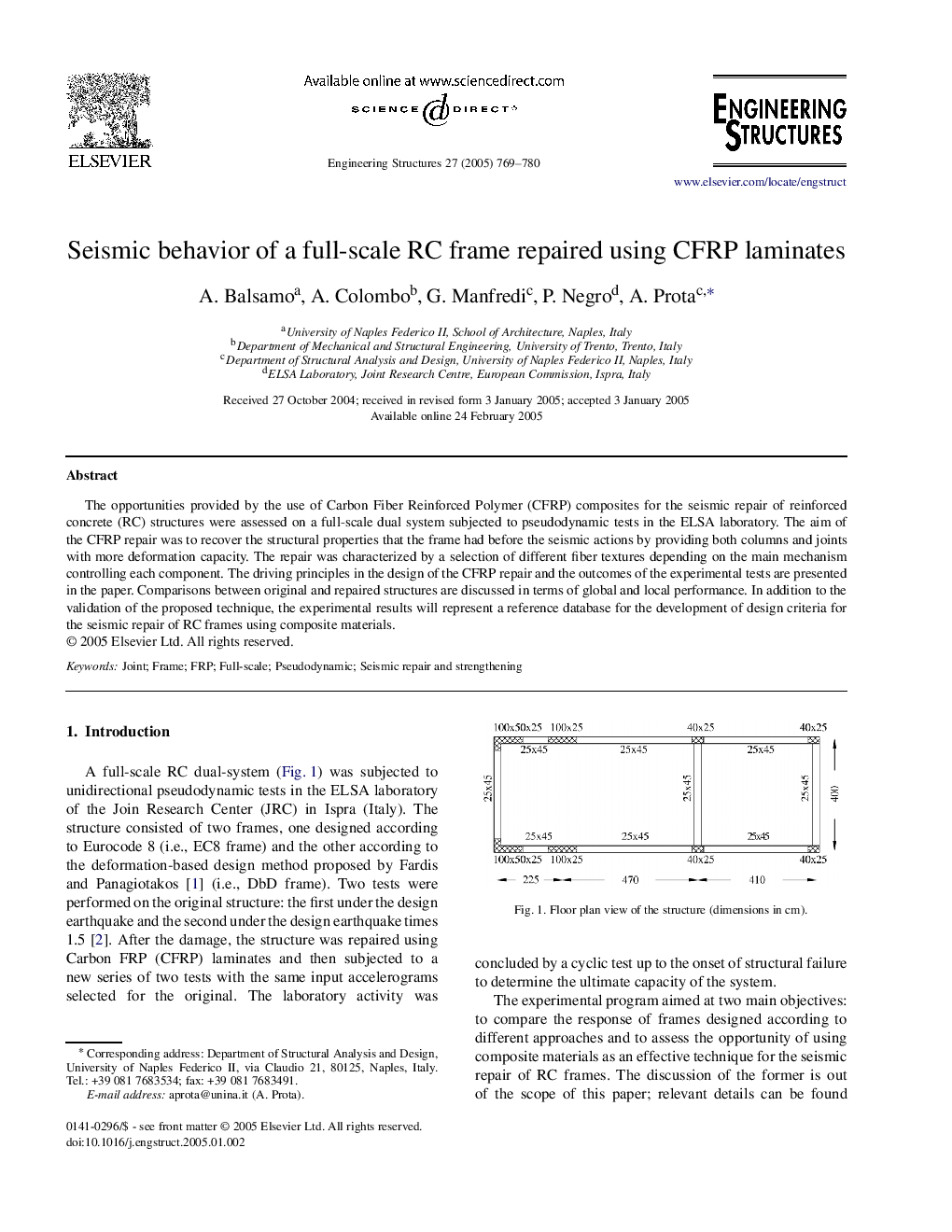 Seismic behavior of a full-scale RC frame repaired using CFRP laminates