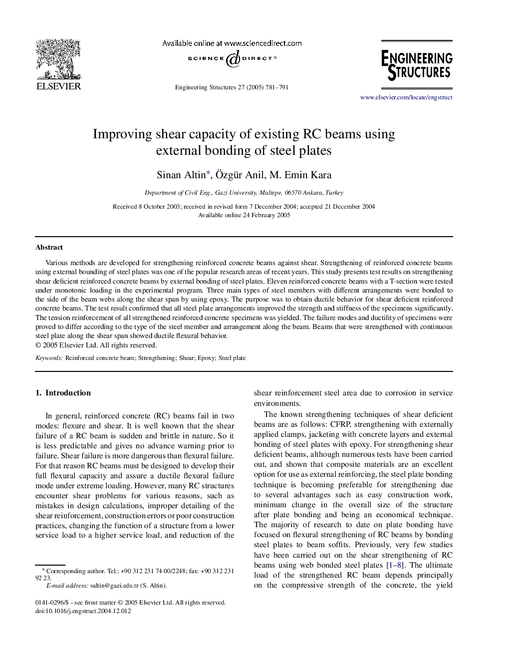 Improving shear capacity of existing RC beams using external bonding of steel plates