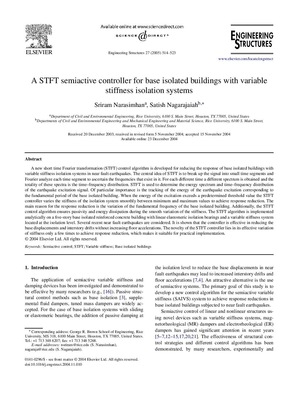 A STFT semiactive controller for base isolated buildings with variable stiffness isolation systems