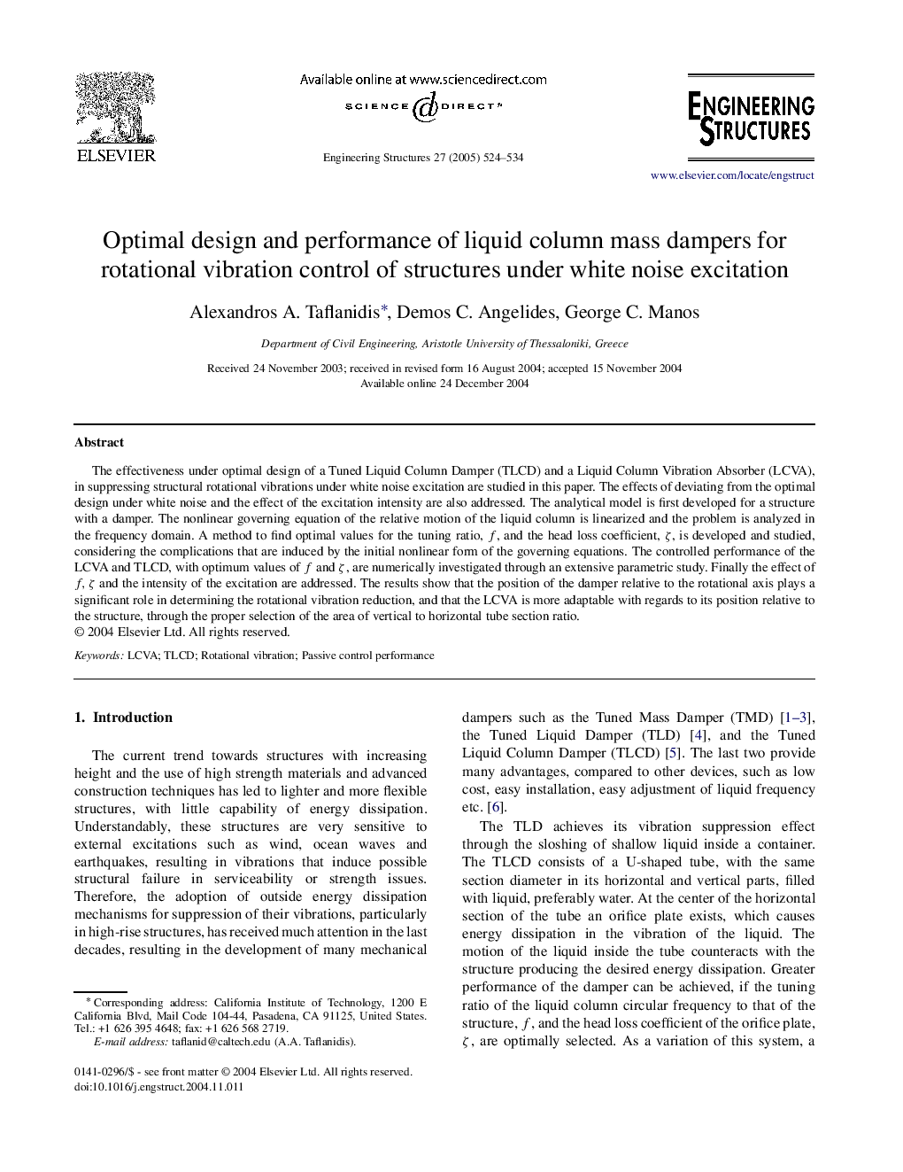 Optimal design and performance of liquid column mass dampers for rotational vibration control of structures under white noise excitation