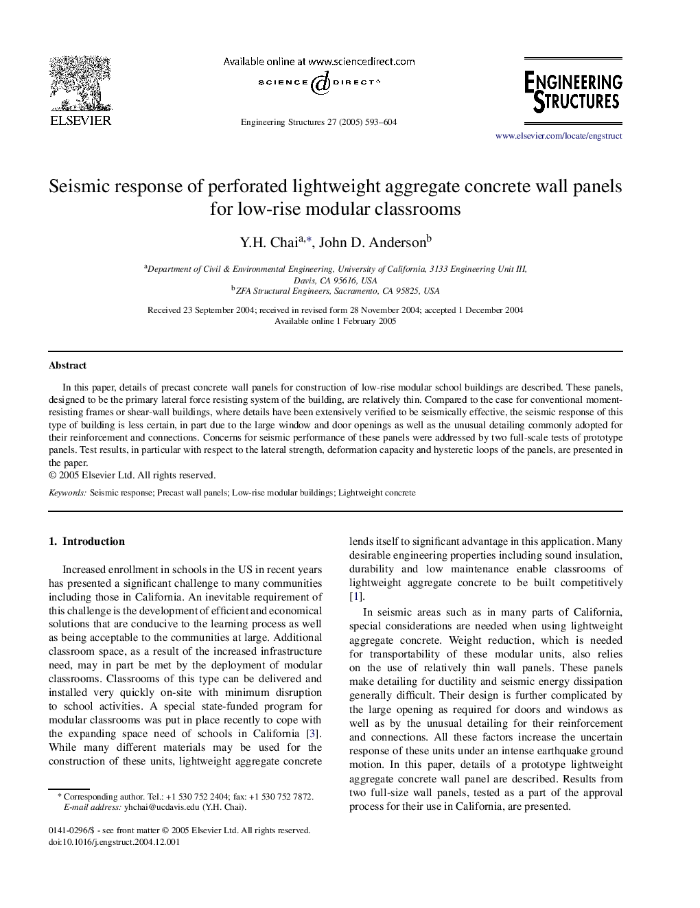 Seismic response of perforated lightweight aggregate concrete wall panels for low-rise modular classrooms