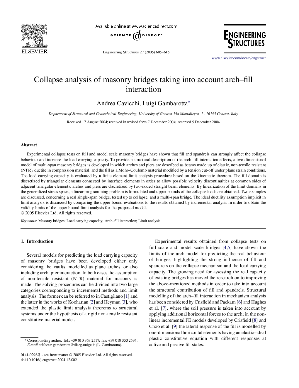 Collapse analysis of masonry bridges taking into account arch-fill interaction