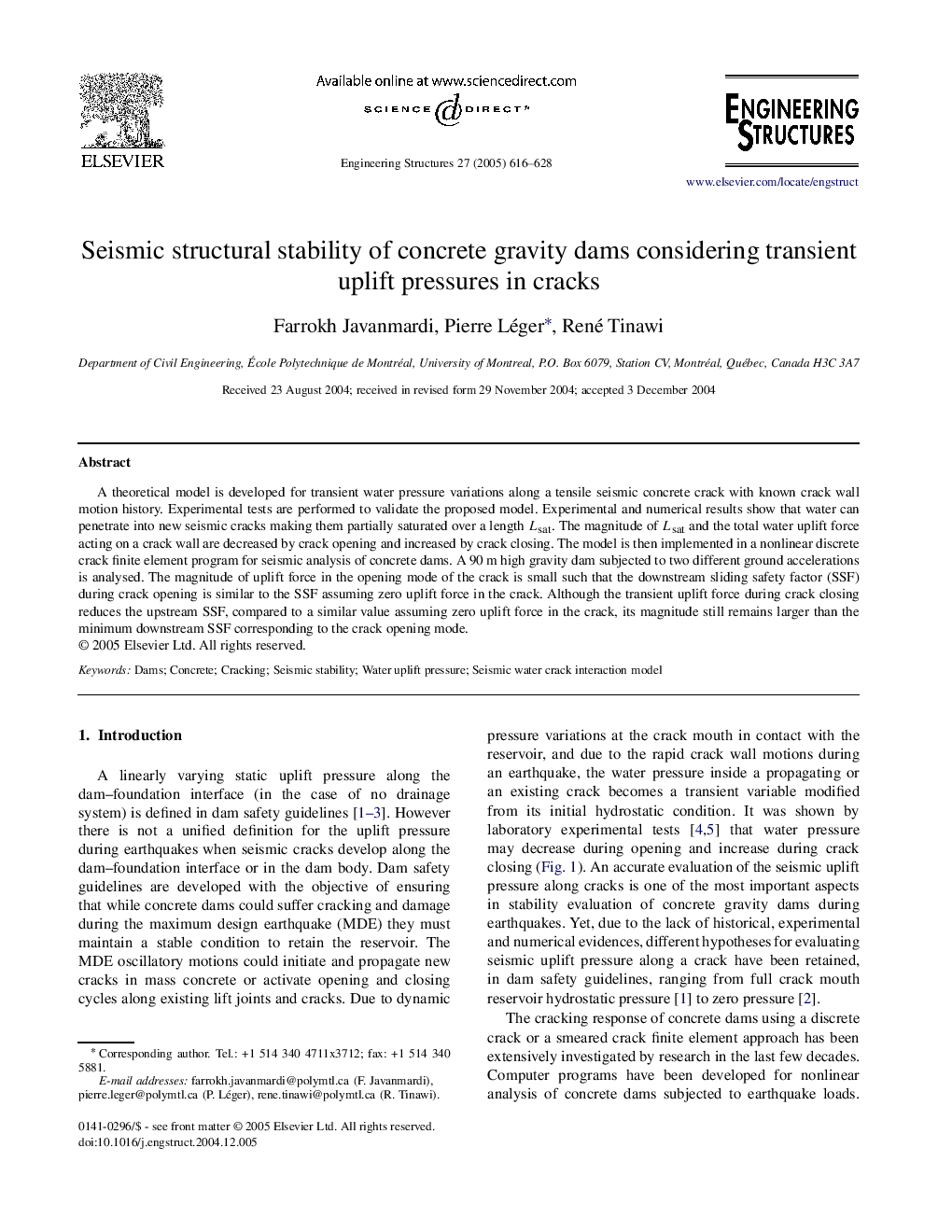 Seismic structural stability of concrete gravity dams considering transient uplift pressures in cracks