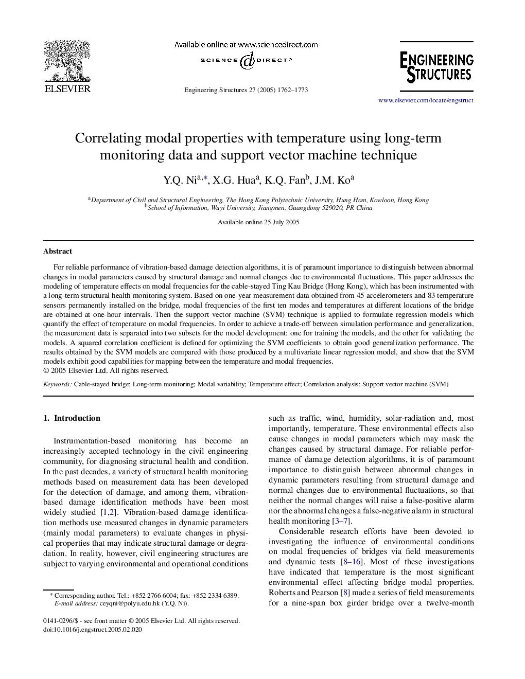 Correlating modal properties with temperature using long-term monitoring data and support vector machine technique