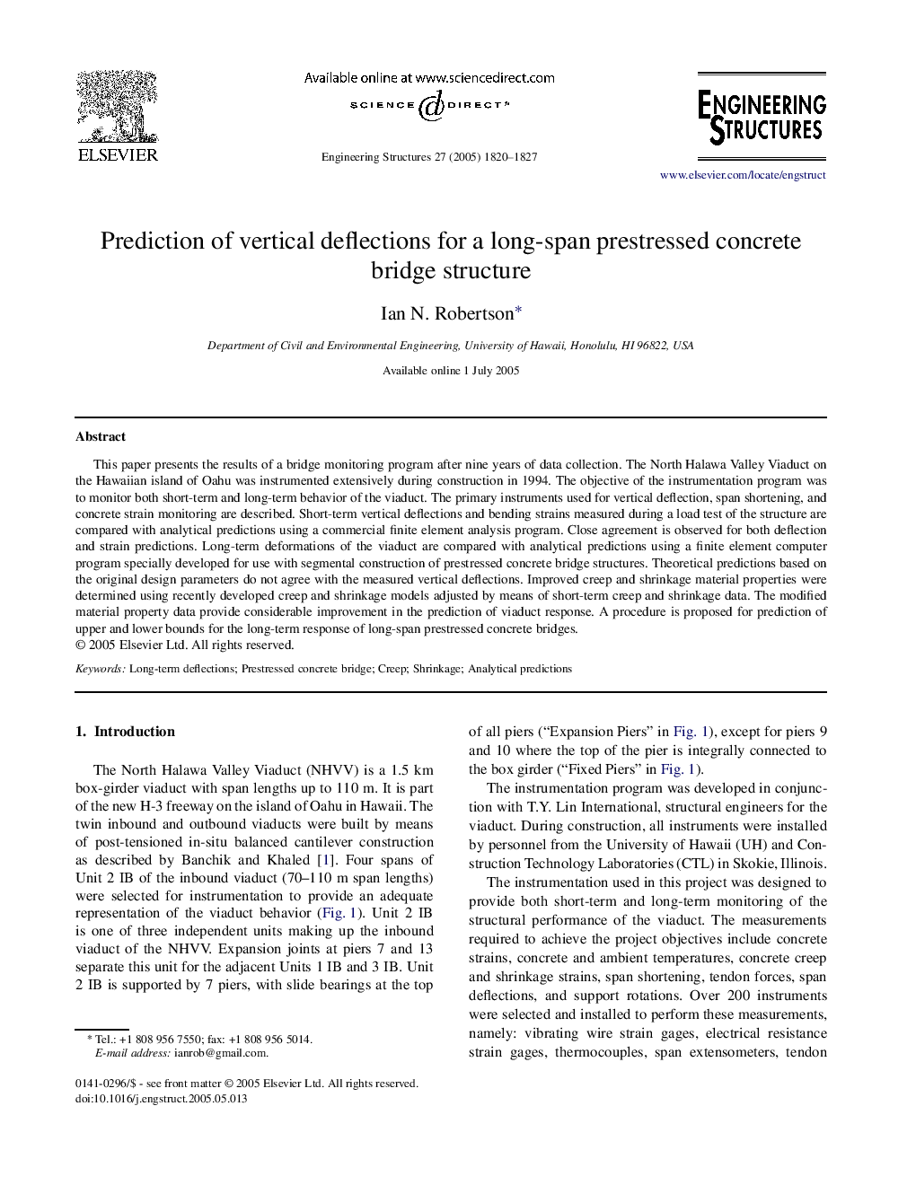 Prediction of vertical deflections for a long-span prestressed concrete bridge structure