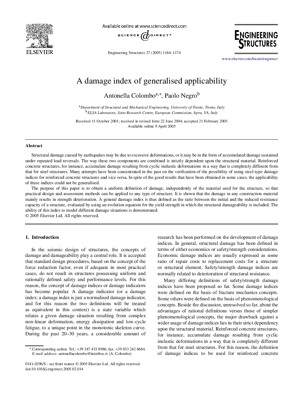 A damage index of generalised applicability