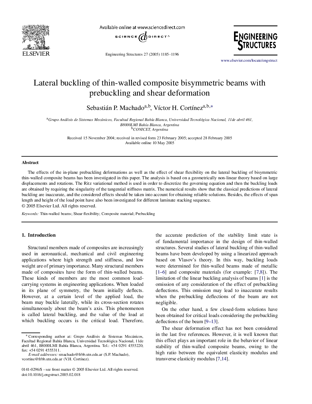 Lateral buckling of thin-walled composite bisymmetric beams with prebuckling and shear deformation