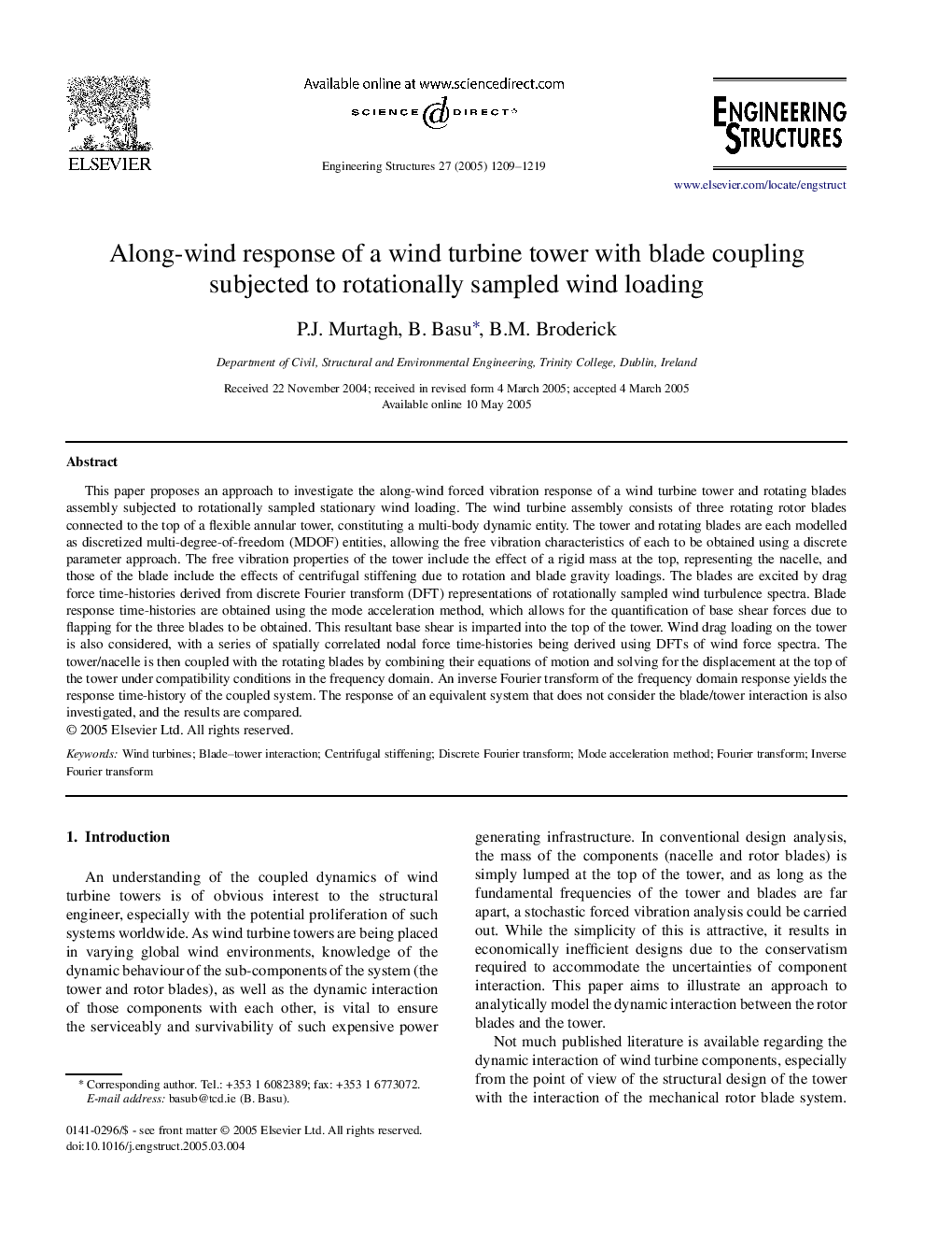 Along-wind response of a wind turbine tower with blade coupling subjected to rotationally sampled wind loading