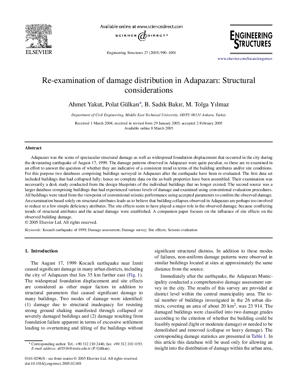 Re-examination of damage distribution in AdapazarÄ±: Structural considerations