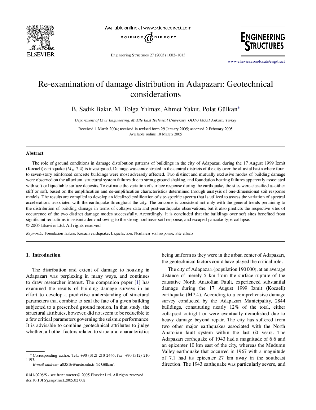 Re-examination of damage distribution in AdapazarÄ±: Geotechnical considerations