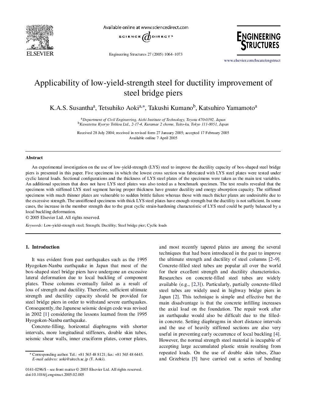 Applicability of low-yield-strength steel for ductility improvement of steel bridge piers