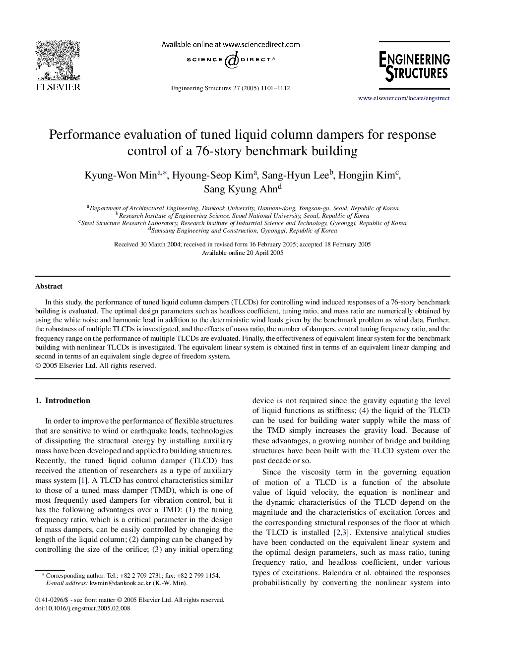 Performance evaluation of tuned liquid column dampers for response control of a 76-story benchmark building