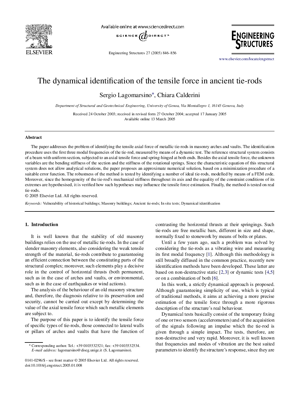 The dynamical identification of the tensile force in ancient tie-rods