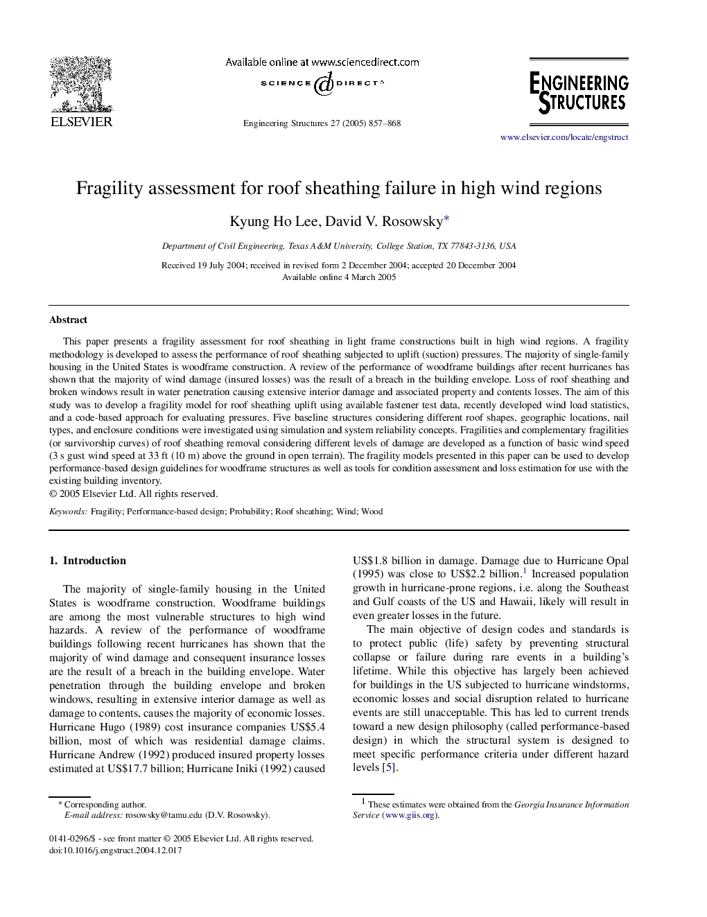 Fragility assessment for roof sheathing failure in high wind regions