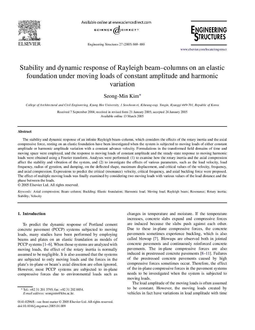 Stability and dynamic response of Rayleigh beam-columns on an elastic foundation under moving loads of constant amplitude and harmonic variation