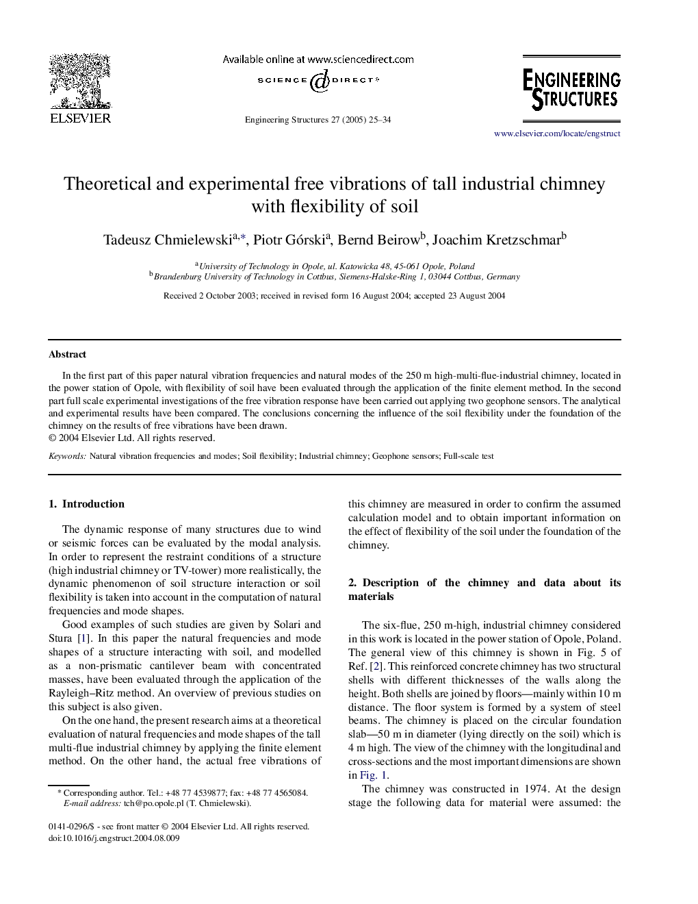 Theoretical and experimental free vibrations of tall industrial chimney with flexibility of soil