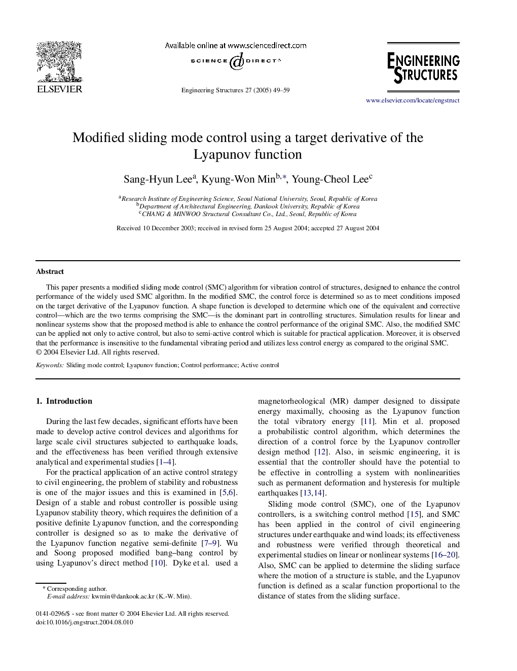 Modified sliding mode control using a target derivative of the Lyapunov function