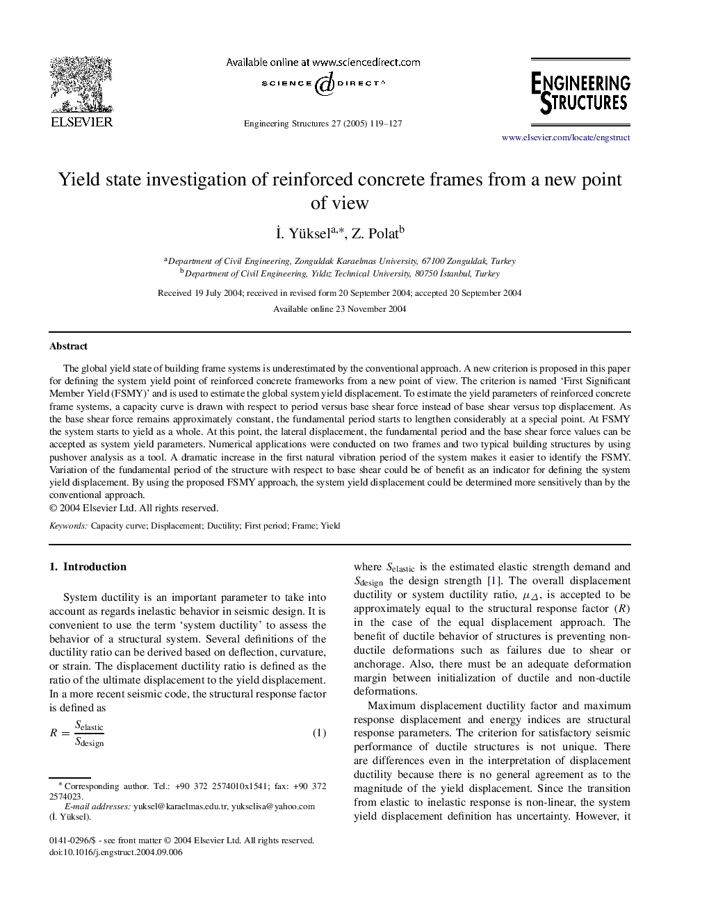 Yield state investigation of reinforced concrete frames from a new point of view