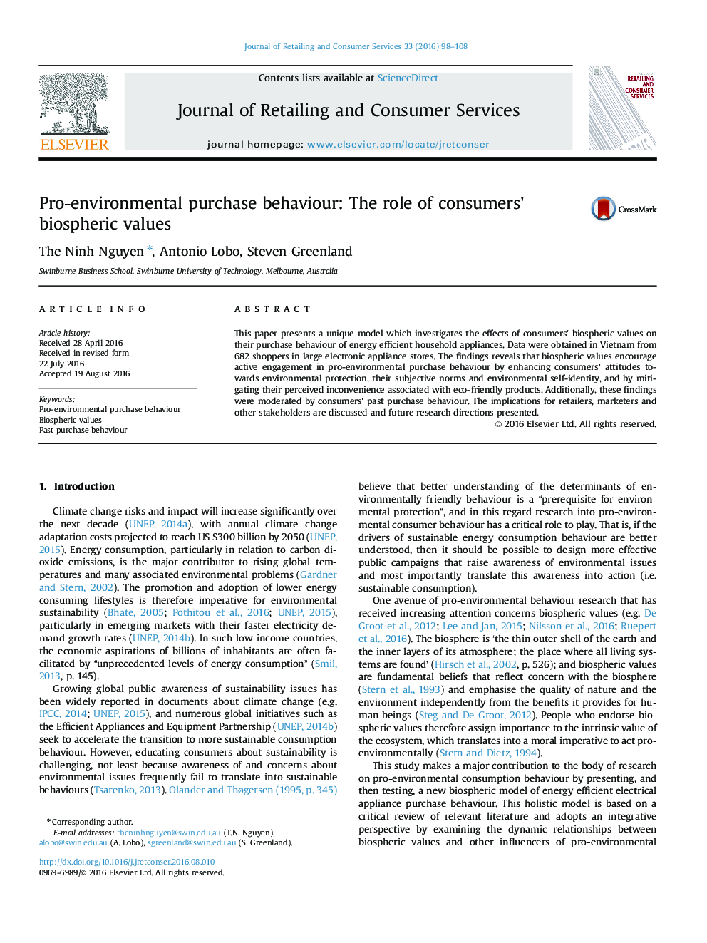 Pro-environmental purchase behaviour: The role of consumers' biospheric values