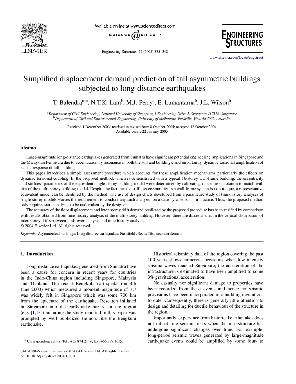 Simplified displacement demand prediction of tall asymmetric buildings subjected to long-distance earthquakes