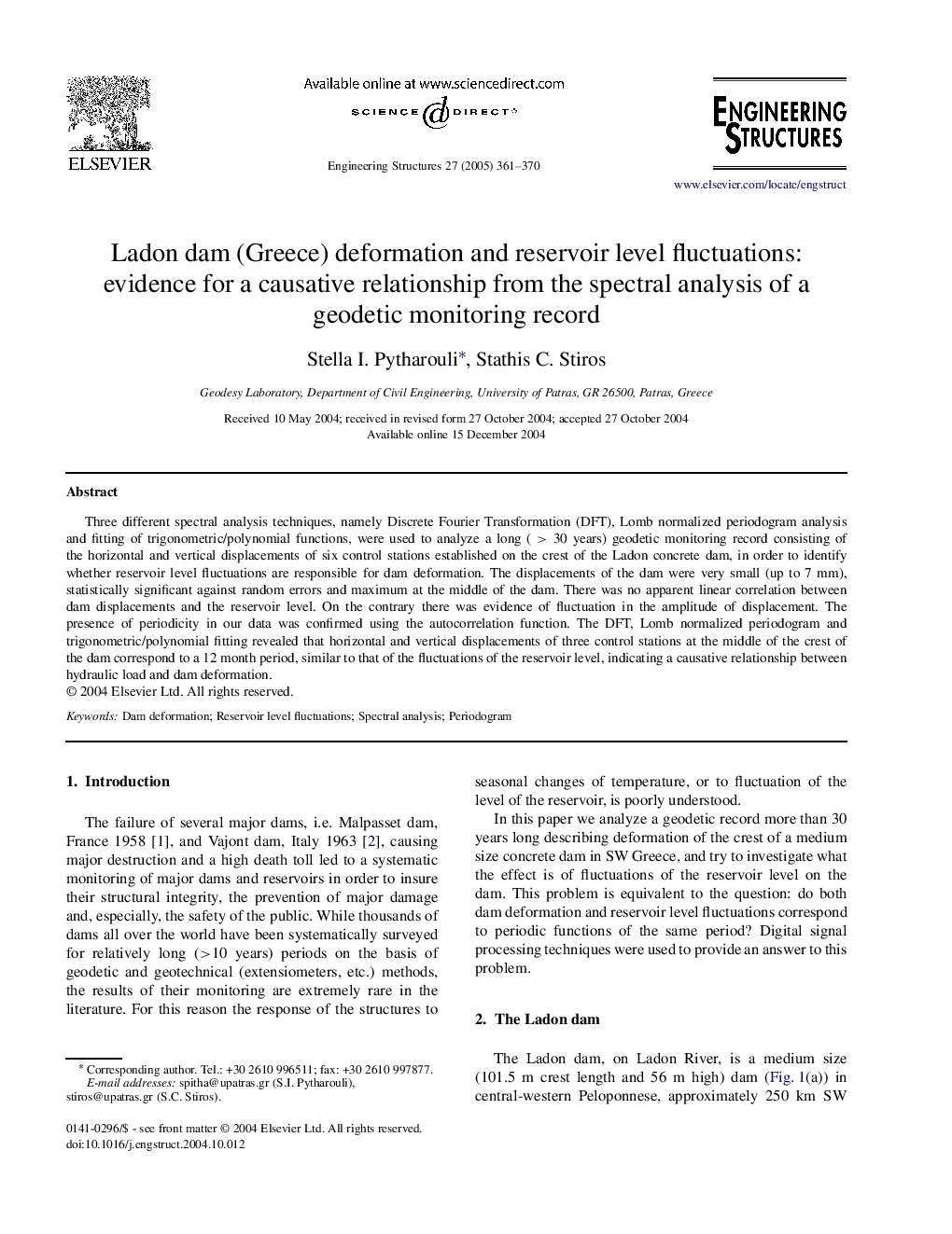 Ladon dam (Greece) deformation and reservoir level fluctuations: evidence for a causative relationship from the spectral analysis of a geodetic monitoring record