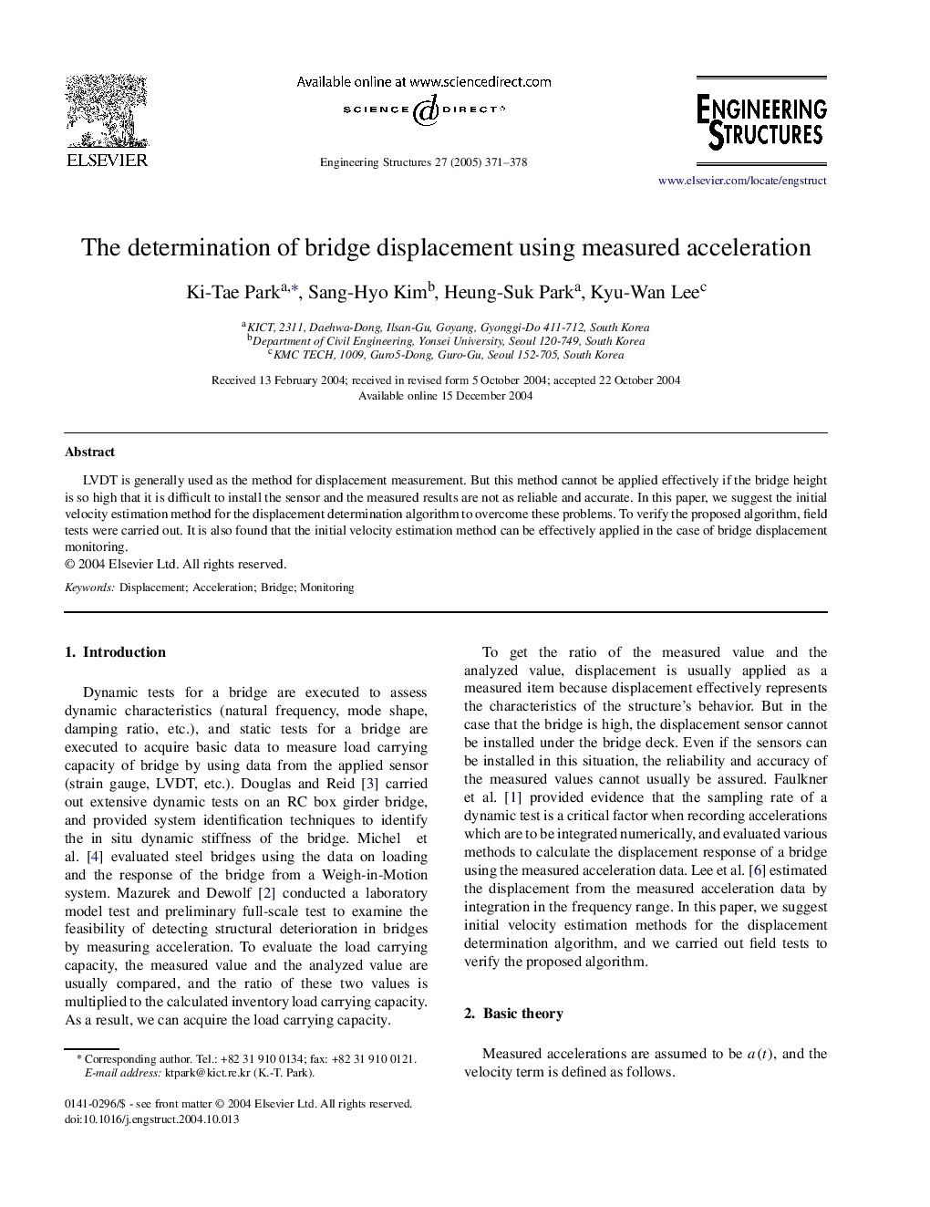 The determination of bridge displacement using measured acceleration